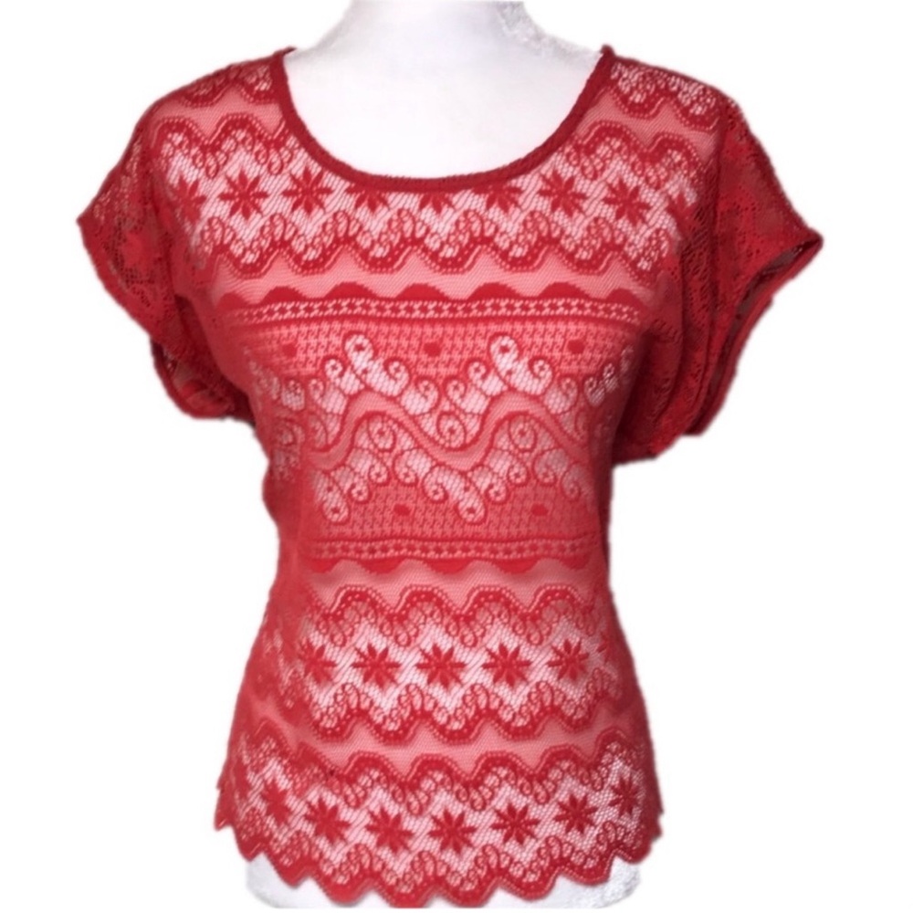 BAR III Watermelon Coral Crochet Lace Top Large